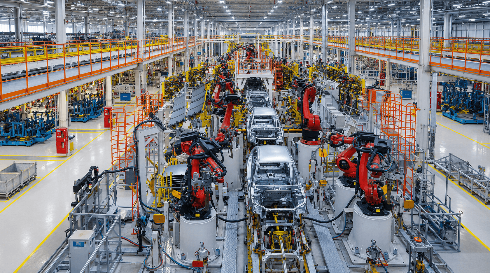 Modern automotive manufacturing facility with robotic assembly line