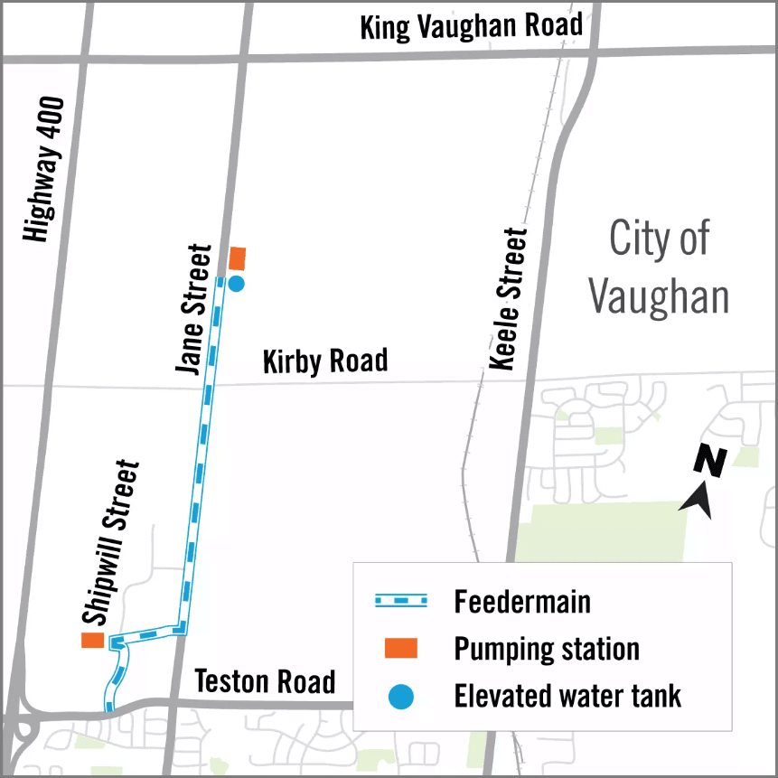 City of Vaughan key plan showing feedermain, pumping stations, and elevated water tank locations